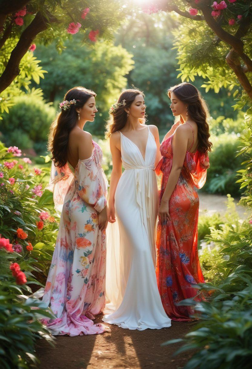 A captivating scene showcasing a diverse group of sensual women in a lush garden, symbolizing passion and companionship. Each woman is embodying confidence and allure, draped in flowing garments, adorned with colorful floral accessories. The sunlight filters through the trees, casting enchanting shadows on their playful interactions. The background features vibrant blossoms and soft greenery, creating a romantic and inviting atmosphere. ethereal, soft focus, vibrant colors, painting.