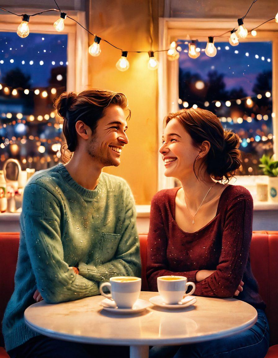 A vibrant illustration of two individuals in a cozy café, sharing laughter and eye contact, with a backdrop of soft fairy lights symbolizing connection. The scene should convey warmth and intimacy, featuring diverse characters to represent different relationships. Subtle heart shapes can be woven into the background for a flirty touch. soft focus. vibrant colors. painting.